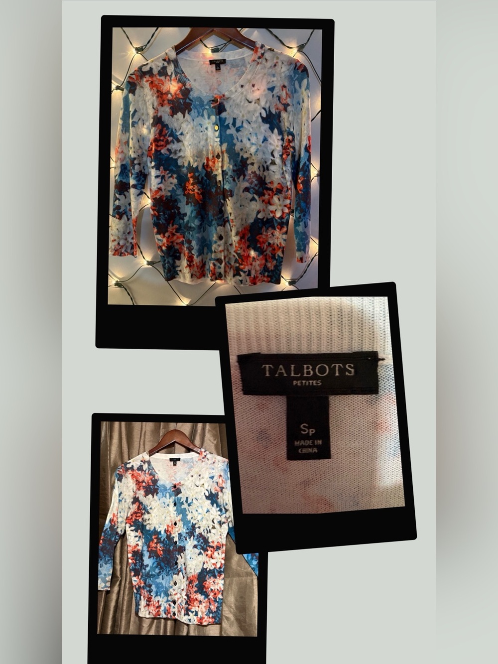 Talbots Petites Floral Crewneck Cardigan in Blue, White & Coral #1871